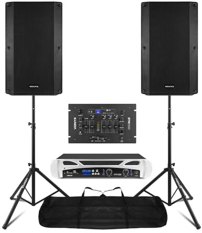 VONYX DJ Amplifier and Speaker Package with STM2500 Mixing Desk, Mobile Powered Setup, 1000W Passive Speakers, 500W Stereo Amp, Bluetooth, Stands Included