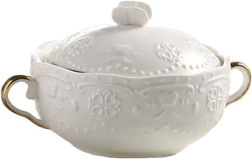 AtZOtOYZJ Grands bols en céramique, Soupière en céramique avec louche à soupe, élégant bol rond blanc de style européen résistant à la chaleur for la cuisine à domicile, pot en argile - Style 2