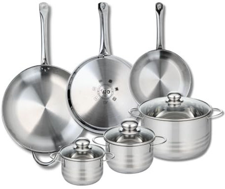ELO 9886750 Batterie de cuisine 6 pièces, Ensemble de 3 Poêles de cuisson 24, 28 et 32 cm et 3 faitouts 14, 16 et 24 cm Elo Profi Brillant, inox, induction