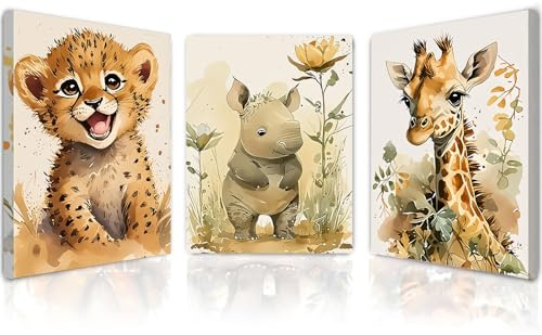 Qiukoo Set of 3 Framed Canvas Wall Art 12x16 inch – Safari Animal Prints with Hooks for Living Room and Bedroom – Modern Wall Art Decoration, Pictures for Walls, Nursery Artwork, Wall Decor