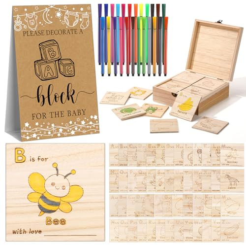 Marsui 78 Pcs Baby Shower Fun Decorate a Block Game 52 DIY ABC Letter Blocks 24 Watercolor Pen 1 Sign 1 Wooden Box with Hinged Lid for Baby Shower Gender Reveal Party Supplies(Kraft)