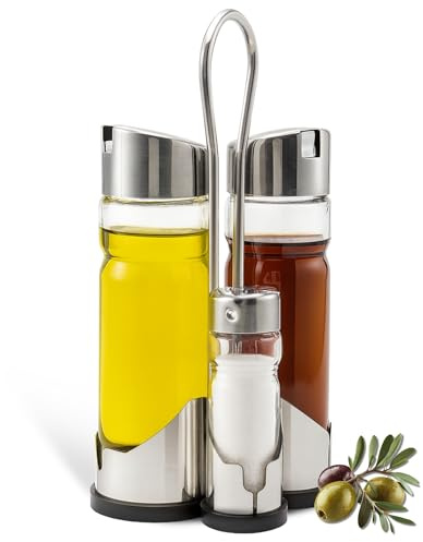 CHEFZOCO Convoys de aceite y vinagre, Set De Aceite Y Vinagre, Set De Sal Y Pimienta, Vinagreras Y Aceiteras De Mesa con soporte, Fabricada en Acero inoxidable y vidrio, Libre de BPA