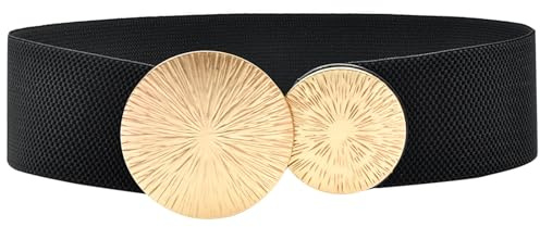 LIUYIDM Cinturón Elástico para Mujer, Cinturón de Cintura Ancho, Cinturón de Moda con Doble Hebilla Redonda para Vestido, Camisas, Abrigo, Talla única (Oro)