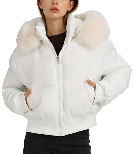 Maeau - Manteau Courte Chaude Femme Capuche Col Fourrure Doudoune Hiver Veste Parka Décontracté XXL Blanc