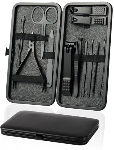 AYBUY Manicure Set, 12pcs Nail Clippers Pedicure Kit, Portable Nail Trimming set,Stainless Steel Grooming Tools with Fine Leather Case, Professional Tools Gift for Men Women Friends and Parents(Black)