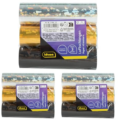 Idena 90429 - Serpentinas holográficas, 9 Rollos con 18 Tiras Cada uno en Dorado, Negro y Plateado, de Papel con certificación FSC, para Decorar Fiestas o cumpleaños