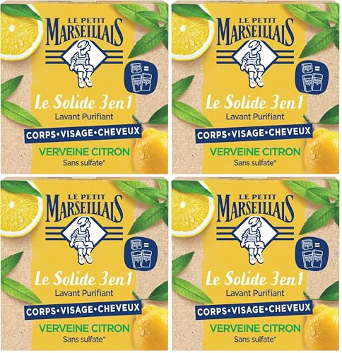 Le Petit Marseillais - Savon Solide Lavant Purifiant 3 en 1 Verveine Citron, Savon Solide Corps Visage Cheveux, 80g (Lot de 4)
