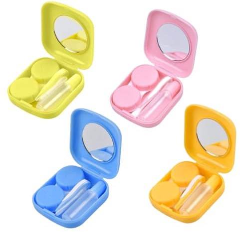 Contenitori per lenti a contatto, 4 Pezzi, Portatile Igiene Contenitore, Set da Viaggio Con Pinzette, bottiglia di estrusione, ventose e specchio, Accessori per Casa e Viaggi, Blu Rosa giallo verde