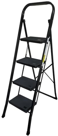 Escabeau à 4 marches BM TOOLS BMT-ESC4-BLACK, Haut. de Travail : 97 cm, se Range Facilement, Marches Anti-dérapantes - Noir