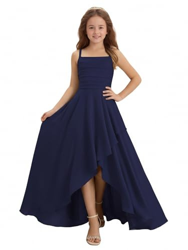 VeetaLux Girls High-Low Flower Girl Dress Pleated Satin Prom Dress | Elegant Spaghetti Strap High-Waist Formal Dress with Asymmetrical Hem Perfect for Prom Graduation Party Wedding Birthday