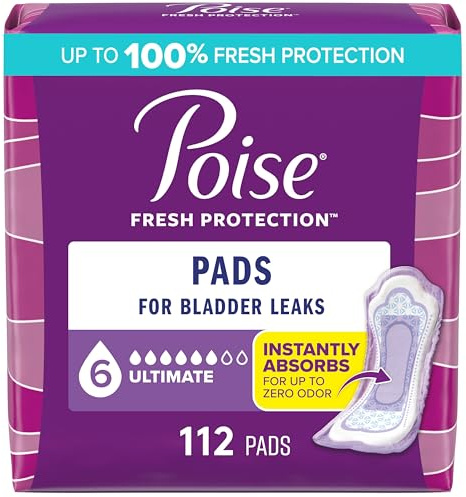 Poise Incontinence & Postpartum Pads for Bladder Leaks, 6 Drop Ultimate Absorbency, Regular Length, 112 Count, Packaging May Vary