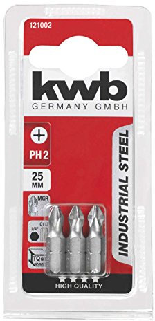 kwb 121002 3 Bits Industrial Steel (TQ 60 Stahl, ISO 1173, Antrieb C 6.3), 3er Pack, 25 mm, PH2