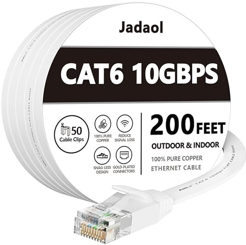 Jadaol Cat 6 Ethernet Cable 200ft (60.96m), Outdoor & Indoor, 10Gbps Support Cat 8 Cat 7 Network, Long Flat Internet Lan Patch Cord, Cat6 High Speed Weatherproof Cable for Router, Modem, Switch, White