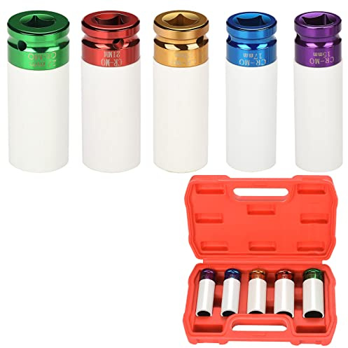 Noosverl Juego de 5 llaves de impacto con insertos protectores, juego de tuercas para ruedas 15, 17, 19, 21, 22 mm, inserto de 1/2 pulgada para llave de torque e impacto, herramienta para tuercas de