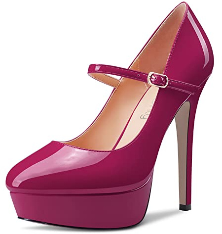 NobleOnly Femmes Aiguille Haut High Talon Heel Plate-Forme Rond Bout Escarpins Mary Jane Party Mariage Dress 13 CM Heels Magenta Rouge 44 EU