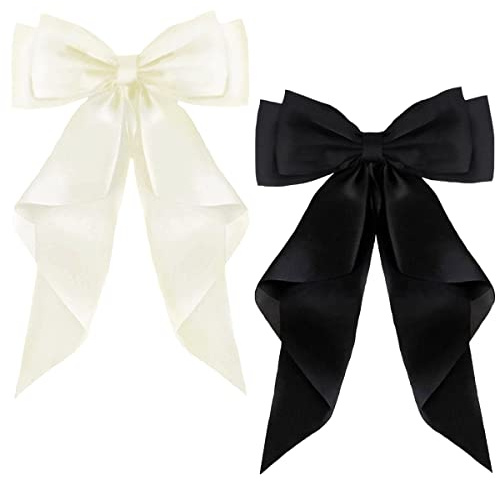ZEVONDA Pack of 2 Big Bow Hair Clips - Solid Color Large Bowknot Hairpin Hair Clip with Long Silky Satin Tail Hair Barrettes Accessories for Girls Women, Black + Milky White