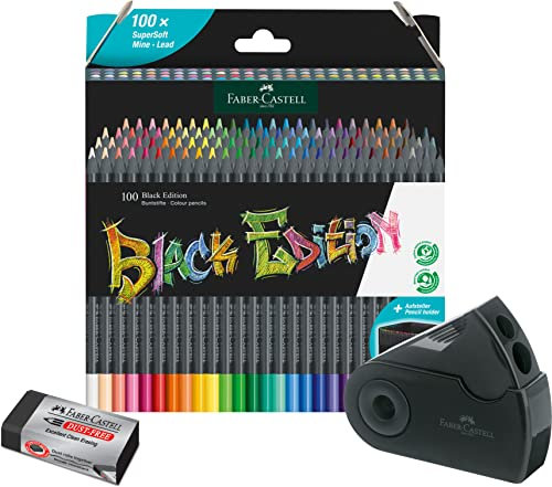 Faber-Castell 116411 - Buntstifte Edition, 100er Kartonetui, bruchsicher, für Kinder und Erwachsene (100er Malset) inkl. Spitzdose Sleeve und Radierer Edition Dust-free, Schwarz