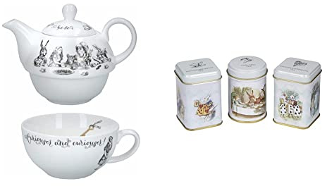 Creative Tops V&A Alice in Wonderland Teapot and Cup Set for 1 in Gift Box, Fine China Tea Set, White, 250 ml & New English Teas Alice in Wonderland Mini Tea Tins Gift with Loose-Leaf Black Tea