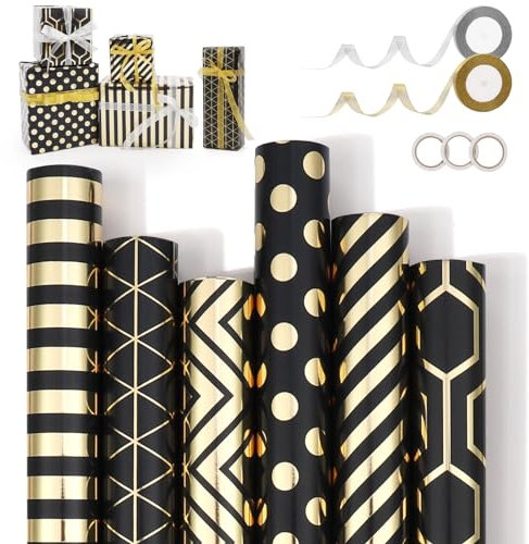 MOOKLIN ROAM Geschenkpapierpapierrolle 300 x 43cm, 6 Rollen Aktualisiert Geschenkpapier Set mit 2 Bänder und 3 Klebeband, Golddruck Kraftpapier Wrapping Paper für Geburtstag Hochzeit Taufe Party