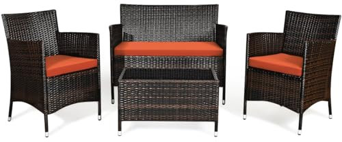 Goplus 4-Piece Rattan Patio Set, Outdoor/Indoor Wicker Conversation Set for Pool, Backyard, Lawn, Wicker Chairs and Sofa with Soft Cushion, Rattan Furniture with Tempered Glass Coffee Table