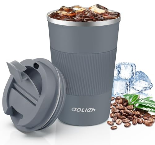 Aolieh Thermobecher, Kaffeebecher mit Auslaufsicherem Deckel, Thermobecher- Isolierbecher, Edelstahl Travel Mug, Kaffeebecher to go für heißes und kaltes Wasser Kaffee Tee (380ML, Graue)