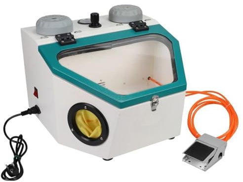 Sand Blasting Machine with LED Light and Foot Switch - Bench Top Dental Sandblasting Cabinet for Metal Rust Removal, Adjustable Air Pressure, Widescreen Glass Panel - Double Pen Dental Tool