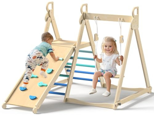 BlueWood 4 in 1 Indoor Jungle Gym, Foldable Wooden Climbing Set with Swing, Slide, Ladder and Climbing Wall, Montessori Philosophy Climber Playset for Kids Aged 2+ (Sky Blue)