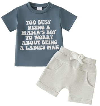 UUAISSO Conjuntos de Ropa Para Niño Pequeño Camiseta con Cuello Redondo y Estampado Letras Tops y Pantalones Cortos Conjuntos Verano Para Bebé Niño azul grisáceo 3-6 meses