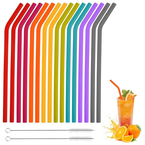 16 Pezzi Silicone Cannucce Colorato Ecologico Cannuccia Riutilizzabile Senza BPA con 2 Spazzole per Frullati Bubble Tea Caffè Cocktail