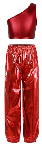 JEATHA Conjunto De Danza Jazz Hiphop para Niñas Crop Top con Pantalones Metálicos Ropa De Baile Moderno Disfraz De Baile Fiesta Actuación Rojo 7-8 años