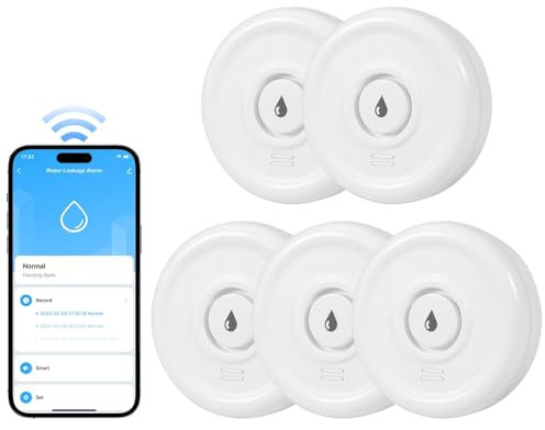 Detector de Fugas de Agua WiFi 2.4GHz Detector Fugas de Agua con Batería 100dB Alarma Inteligente Sensor de Agua, Smart Life App Control Detector de Agua para Cocina Sótano Baño (Paquete de 5)