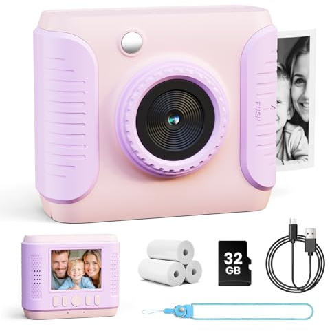 CalineGam Appareil Photo Instantané Enfant, 1080P HD Appareil Photo Numérique Enfant avec Carte 32 Go et Papier Photo, 2,4 Pouces Jouets Enfants, Cadeaux pour Garçons & Filles de 3 à 12 Ans (Rose)