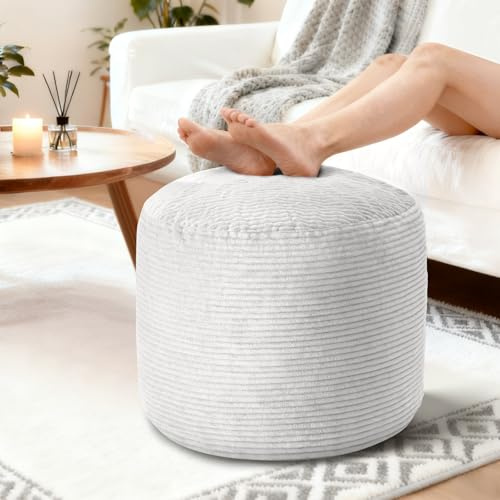 BBGDIPG Pouf Ottoman Foot Rest, Comfortable & Soft, Round Footstool for Living Room, Bedroom, Office, Room Decoration, Corduroy Foot Stool Pouf with Odorless & Anti-Clump Filling, Small Grey