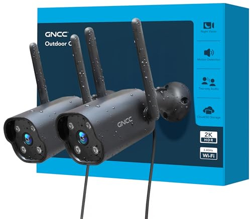 GNCC Kit 2 Telecamere GT1Pro, Telecamera Sorveglianza Esterno 2K Fissa, IP65, Solo WiFi a 2,4 GHz, Rilevamento Movimento, 24/7, Archiviazione Cloud e Micro SD, App per Smartphone, Plug-in