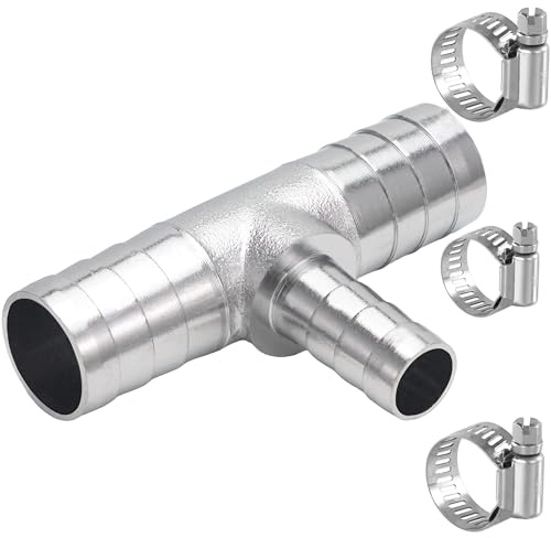 Sctihwelire Brass Reducing Tee Hose Barb Fitting 3-Way T Adapter Chrome-Plated, 5/8 (16mm) to 3/8 (10mm) to 5/8 (16mm) Splicer Mender with Clamps air Hose Repair kit for Pipe Line/Fuel/Air 1 PC