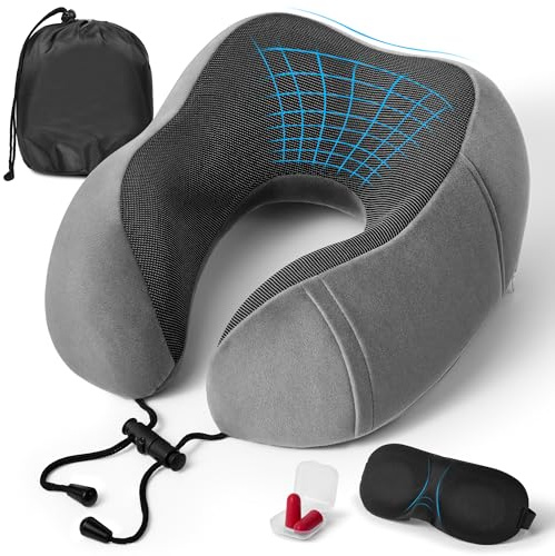Cuscino da Viaggio Collo, Cuscino Aereo Viaggio Memory Foam, Viaggio Portatile, Inclusa Borsa per Trasporto Maschera per Dormir, Tappi auricolari, Travel Pillow per Dormire Aereo, Auto, Treno, Autobus