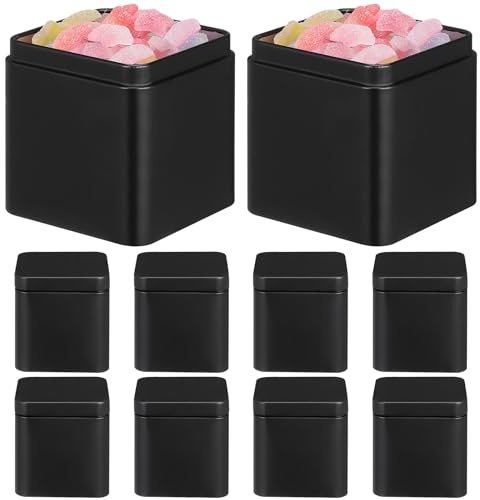 JOINPAYA Set 10 Contenitori in Ferro Quadrati Nero per Tè e Caramelle Chiusura Ermetica Portatile Scatole di Latta Piccole per Conservazione Sicura