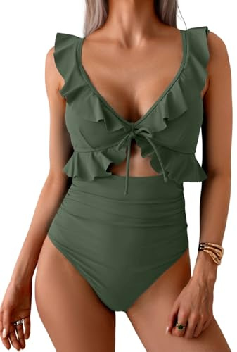 Yutdeng Maillot de Bain Femme 1 Pieces Sexy Col en V Maillot de Bain Une Pièce Volants Elégant Maillots Une Pièce Push Up Monokini Ventre Plat Froncé Swimsuit Dos Nu À Lacets Swimwear Ajouré Plage