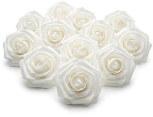 MIJOMA Deko Rosenblüten 12er Set Weiß – realistische künstliche Schaumrosen für Hochzeit Deko Tischdeko DIY Basteln Valentinstag Blumen Dekoration