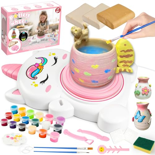 MYDOVA Pottery Wheel for Kids, Complete Pottery Painting Kit Arts and Crafts for Kids Ages 6-12 with 3 Pack Air Dry Clay&Clay Sculpting Tools&Foot Pedal USB Power&Apron, Birthday Gift(Unicorn)