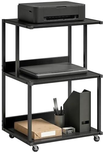HOMCOM Carrello Porta Stampante a 3 Livelli, Supporto Stampante con Ruote con Freno, Salvaspazio in Metallo e Legno, per Casa, Studio, Ufficio, Industriale, 50x40x75cm, Nero