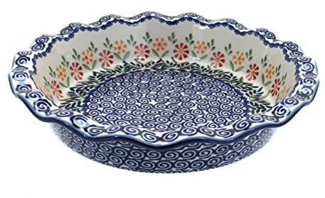 Blue Rose Polish Pottery - Orange Garden Bouquet Pie Plate - 10.5 Diameter - Ceramic Baking Dish, For Pies, Quiches & Desserts