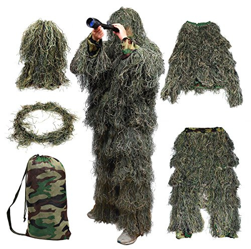Goetland 5 pièces Tenue de Camouflage Ghillie Suit Camouflage Militaire Tenue Camouflage Chasse pour Airsoft Affût Photographie Costume Veste Pantalon