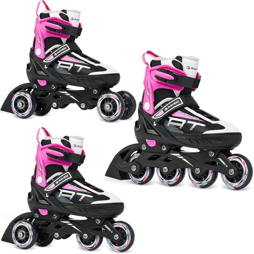 RAVEN Profession 3in1 Inline Skates Pattini in linea Triskates Pattini a rotelle per bambini e adulti regolabili (Black/Pink, 38-42 (25cm-27,5cm))