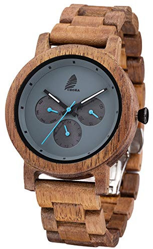CZOKA Herren Damen Unisex Holzuhr, Natürliche Schwarze Walnuss/Olive Holz Armbanduhr Analog Quarzwerk mit Holzarmband Verstellbarem, Datumsanzeige mit DREI Datumsangaben, Nachhaltig, Handgefertigt