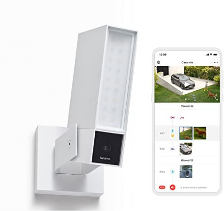 Netatmo Videocamera Esterna Di Sorveglianza Intelligente Sirena Da 105dB, Wi-Fi, Illuminazione Integrata, Rilevamento Dei Movimenti, Visione Notturna, Senza Abbonamento, Bianca, NOC-S-W-IT
