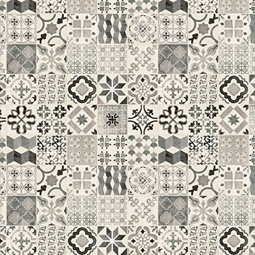 Tile Effect Vinyl Flooring 2.4mm Thick Lino for Bathroom Kitchen Hall (Black & White Patterned Tiles, 2.5m x 2m)