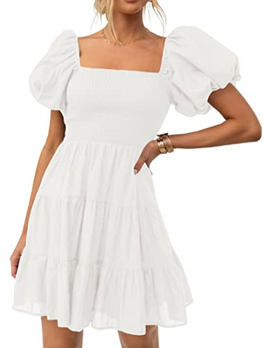 ZESICA Women's Boho 2025 Summer Square Neck Puff Sleeve Off Shoulder Smocked Tiered Casual A Line Short Mini Dress,White,Medium