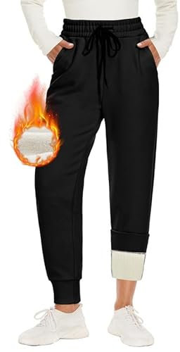 Warme Jogginghose Damen Gefütterte mit 2 Taschen Kordelzug Winter Fleece High Waist Lange Sportleggins Trainingshose Freizeithose Sweathose Schwarz,L