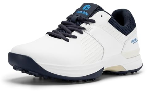 FitVille Mens Wide Fit Spiked Golf Shoes Wide 12 White/Navy Blue